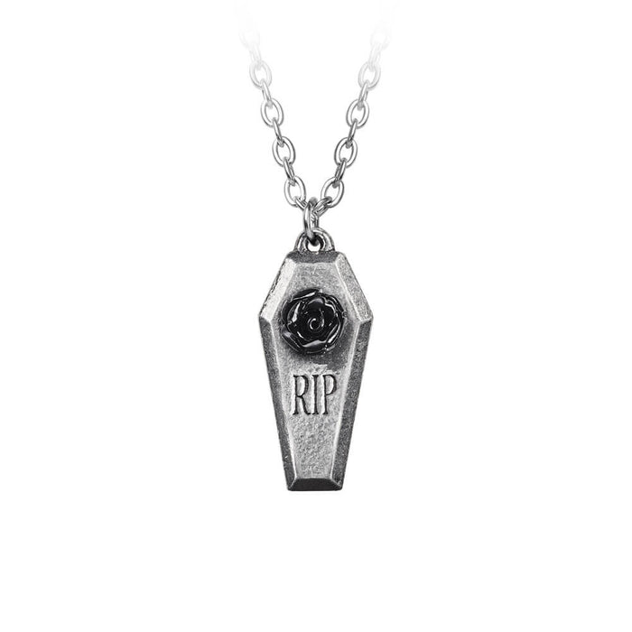 Pendant necklace featuring a coffin with "RIP" and a black resin rose
