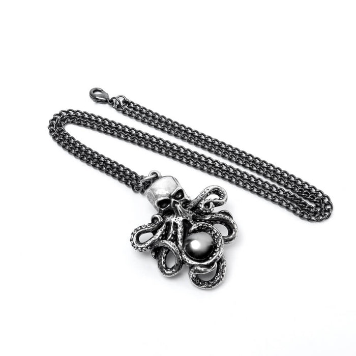Skull and octopus tentacle necklace with a black graphite cabochon