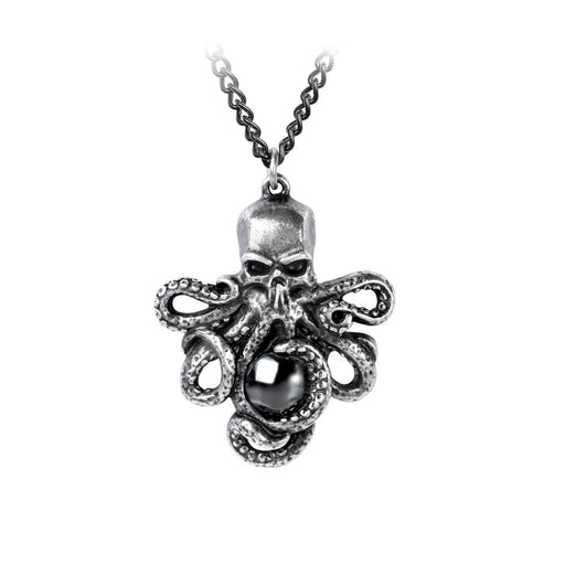 Skull and octopus tentacle necklace with a black graphite cabochon