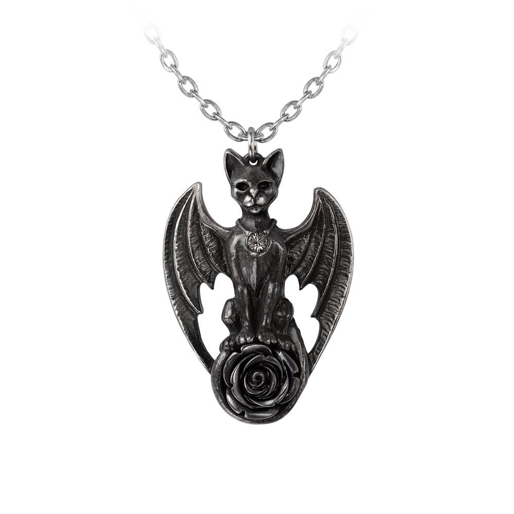 Pendant showing a black cat with bat wings sitting on a rose, with a crystal on its neck