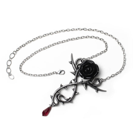 Necklace with black pewter rose, thorn vines, and red crystal drop on a trace chain