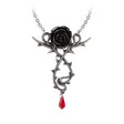 Necklace with black pewter rose, thorn vines, and red crystal drop