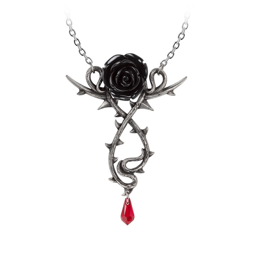 Necklace with black pewter rose, thorn vines, and red crystal drop
