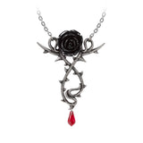Necklace with black pewter rose, thorn vines, and red crystal drop