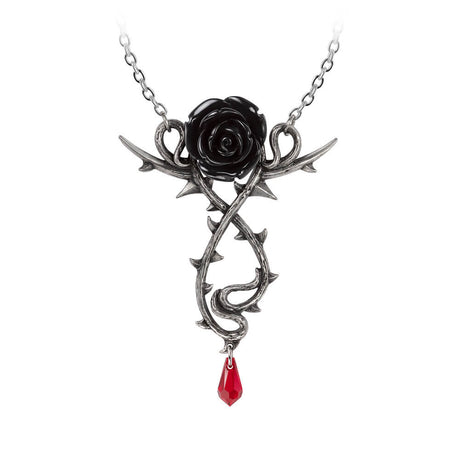 Necklace with black pewter rose, thorn vines, and red crystal drop