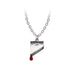 Necklace on silver colored chain with a guillotine blade pendant. A red crystal glints like blood at the tip of the blade.