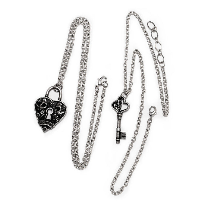 Heart lock and key pendant necklaces shown side by side