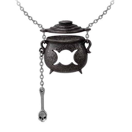 Cauldron necklace with black pot and movable lid, and dangling skull spoon. Cauldron has a triple moon design