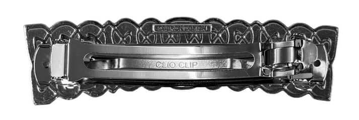 Back of pewter hairclip showing the snap mechanism