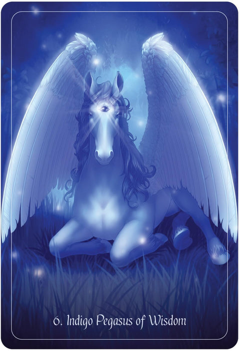 Card example. Text reads "6. Indigo Pegasus of Wisdom" and art shows a blue pegasus with feathered wings and a shining third eye on its forehead