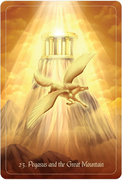 Card example, text reads "23. Pegasus and the Great Mountain". Art shows a golden pegasus flying in front of a columned structure on a mountain in the sunlight