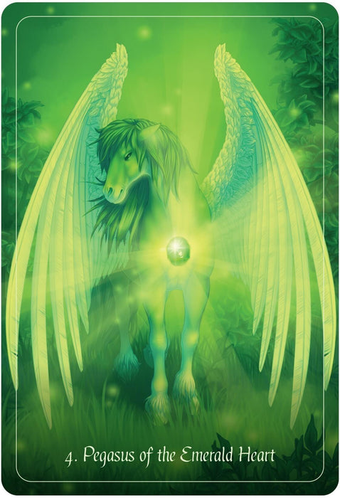 Card example. Text reads "4. Pegasus of the Emerald Heart" and art shows a pegasus in green with a shining gemstone