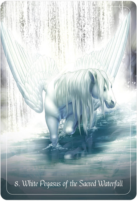 Card sample. Text reads "8. White Pegasus of the Sacred Waterfall" and art shows a white pegasus wading through a pond