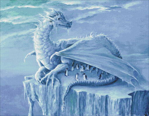 White dragon in the arctic sheltering penguins under its wings. Cross stitch mockup