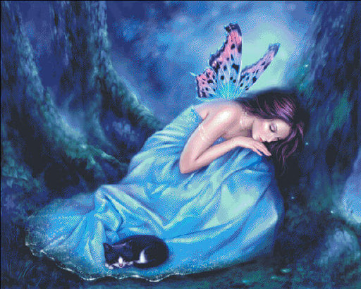 Cross stitch mockup of a fairy with butterfly wings in a blue dress and a sleeping black and white kitten