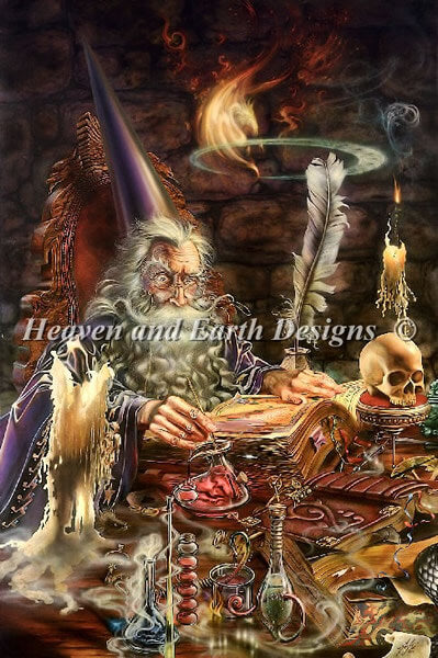 Myles Pinkney's art features a wizard at his desk. The sorcerer writes in a tome as he conducts his magic and science experiments. The alchemist table is cluttered with potions and candles, skulls and feather quills!