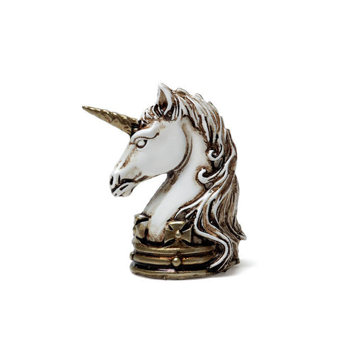 Unicorn miniature showing white unicorn head with mane and metallic horn