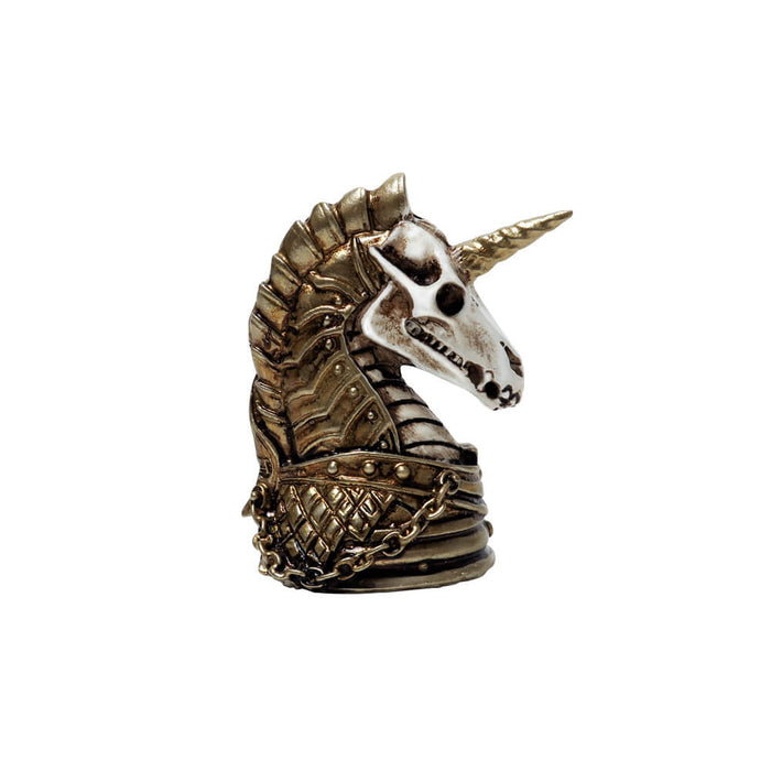 Unicorn miniature showing the skull and armor side with chain