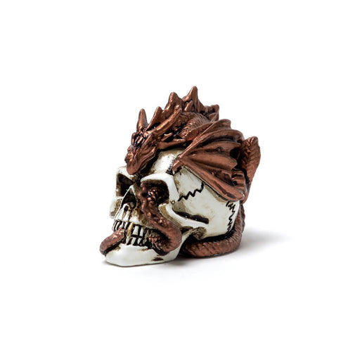 Miniature figurine of a bronze dragon curling around and through a human skull.