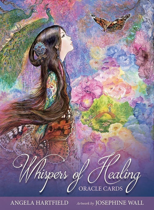 Whispers of Healing Oracle Cards. By Angela Hartfield, with Artwork by  Josephine Wall. Box art showing a lady with long brown hair regarding a butterfly