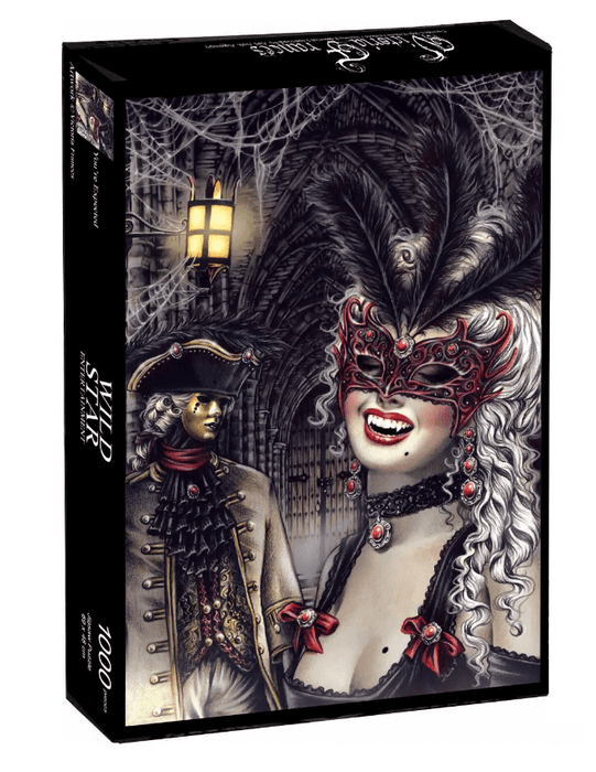 1000 piece jigsaw puzzle by Victoria Frances featuring a grinning vampire in a masquerade headpiece, with another masked figure in the background and a spooky cobweb location