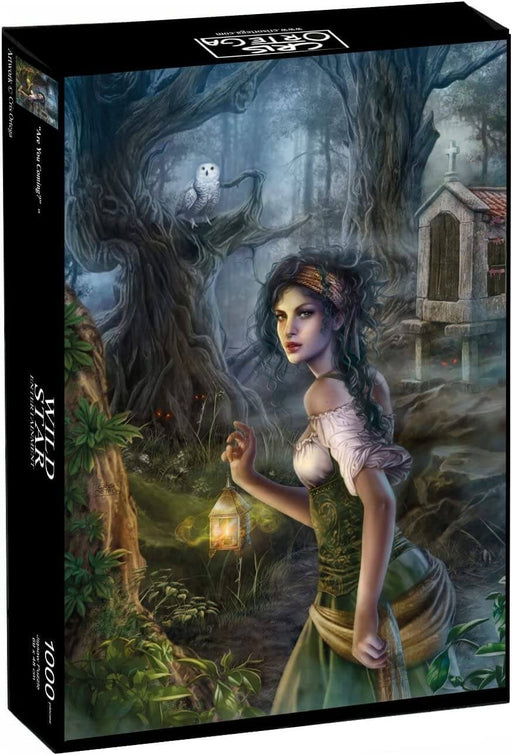 Jigsaw puzzle with 1000 pieces by Cris Ortega called Are You Coming? Showing a woman with a lantern walking into a spooky cemetery with an owl and twisting trees