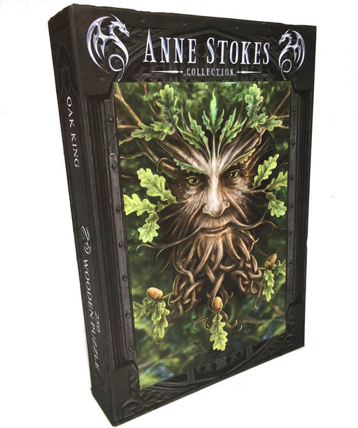 250 piece Oak King wooden puzzle, featuring the artwork of Anne Stokes. A Greenman gazes out from oak leaves.