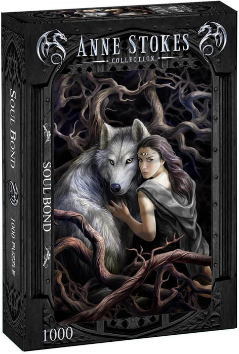 Anne Stokes Soul Bond 1000 piece jigsaw puzzle featuring a woman and a grey wolf in a forest tangle of roots and vines