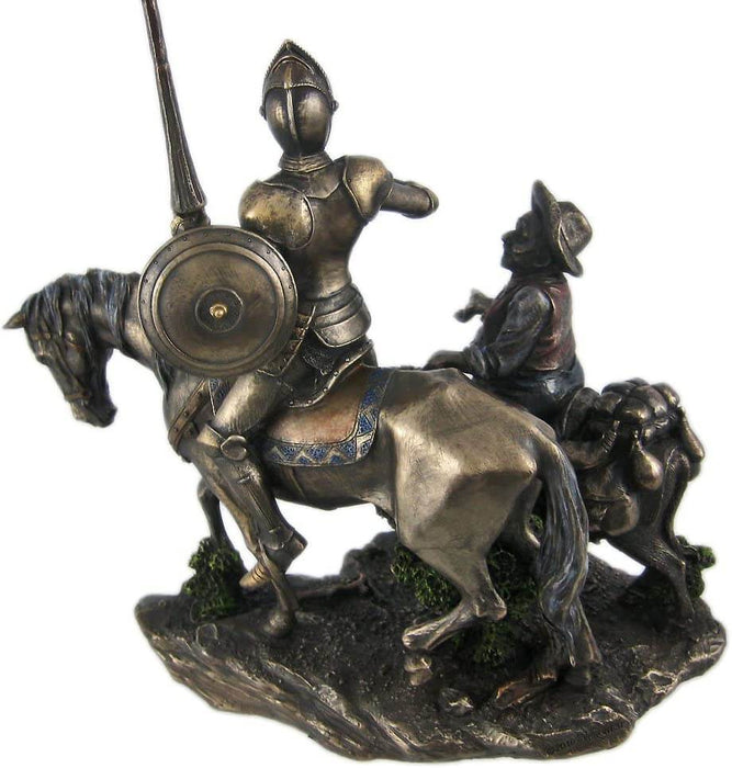 Don Quixote riding with Sancho Panza statue in bronze polystone, back view