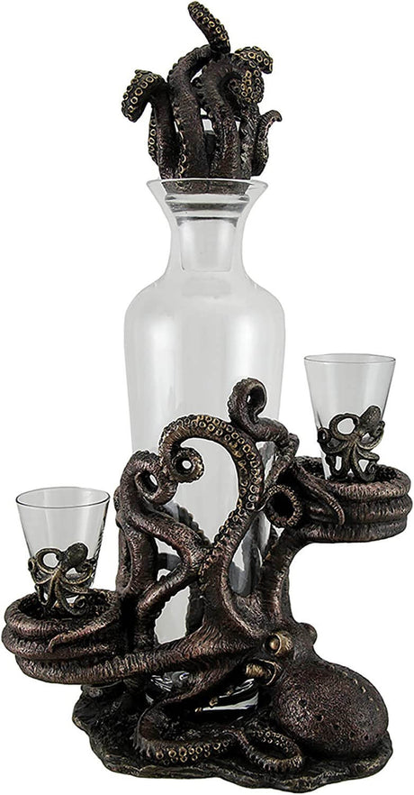 Decanter held in bronze-hued Octopus tentacles. To either side are matching shot glasses resting on more tentacle coils