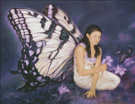 Fairy cross stitch pattern featuring a butterfly winged pixie contemplating a purple flower