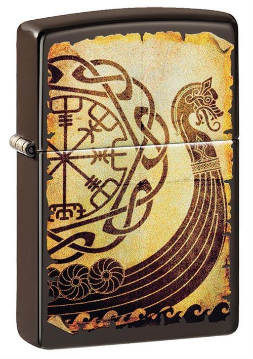 This Zippo lighter features an image of a Viking longship. It has an aged look, like ancient parchment. A great gift idea!