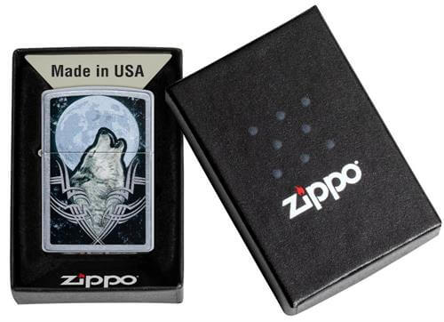 Howling Wolf Zippo shown with box