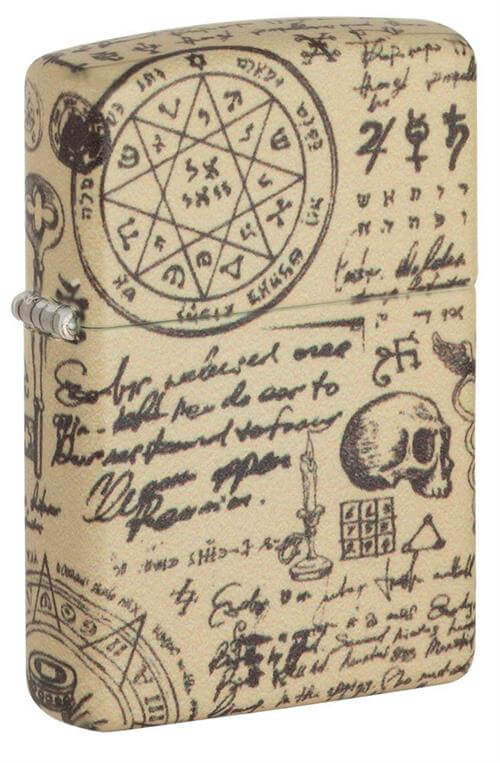 Zippo lighter with alchemy themed case covered in arcane symbols