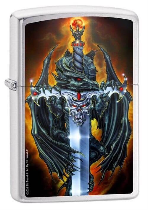 Zippo lighter with Ed Beard Jr art showing a black dragon wrapped around a sword with a grinning skull