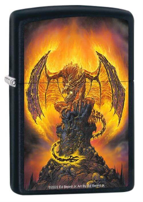 black Zippo lighter featuring a fire-wreathed dragon sitting atop a mountain of stone and skulls