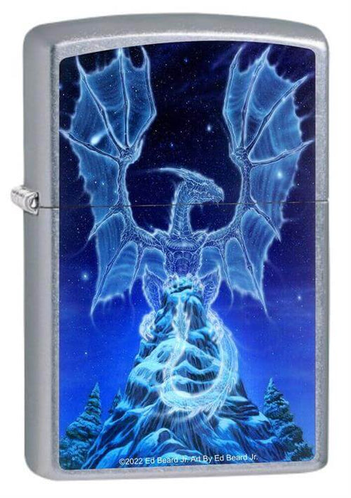 Zippo featuring a transparent spirit dragon perched on a winter mountain