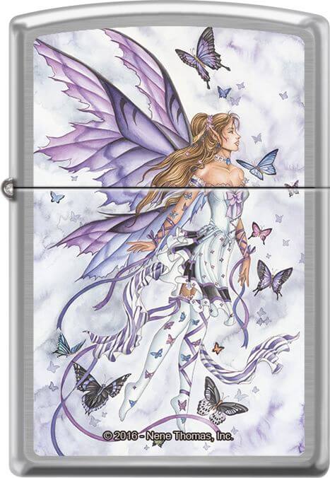 Zippo lighter with art by Nene Thomas. A fairy in a white dress and purple wings is surrounded by butterflies