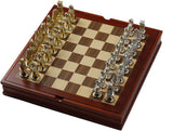 Medieval Crusades chess set, with gold and silver pieces and wooden storage board