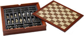 Medieval Crusades chess set, with gold and silver pieces and wooden storage board