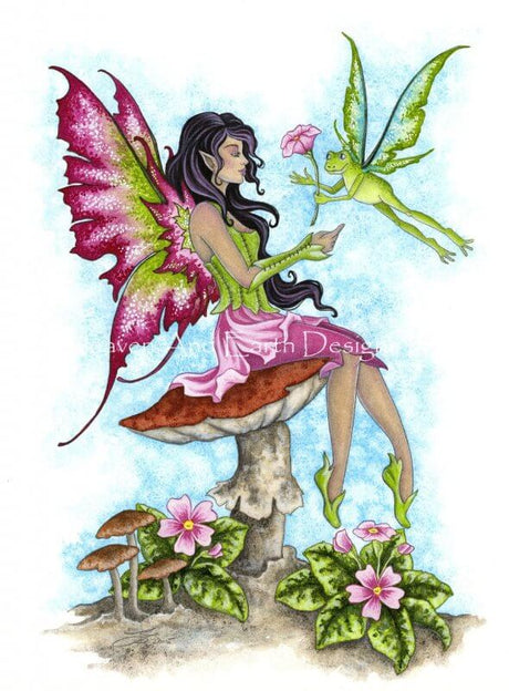 f A True Gentleman by Amy Brown. Fairy in green and pink with matching wings sits on a mushroom surrounded by flowers. A frog with wings gives her a pink flower