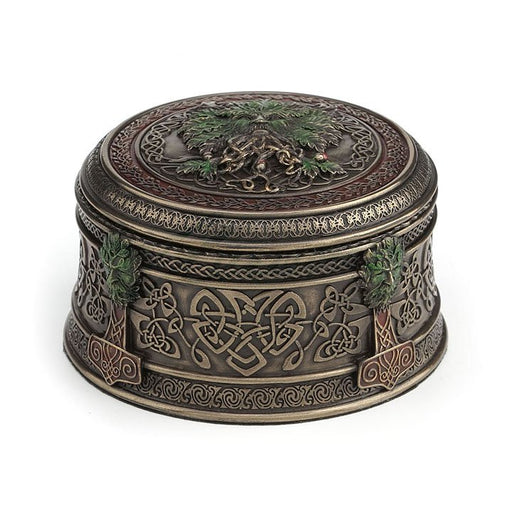 Round trinket box with Celtic green man design