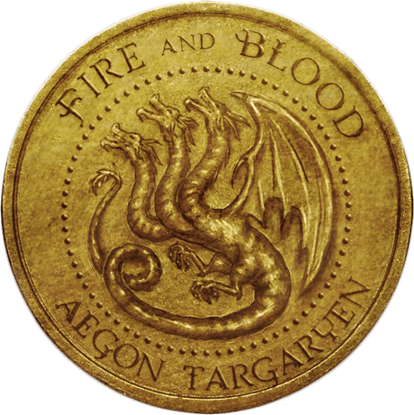 One side of coin with three headed dragon and the text "Fire and Blood" and "Aegon Targaryen"