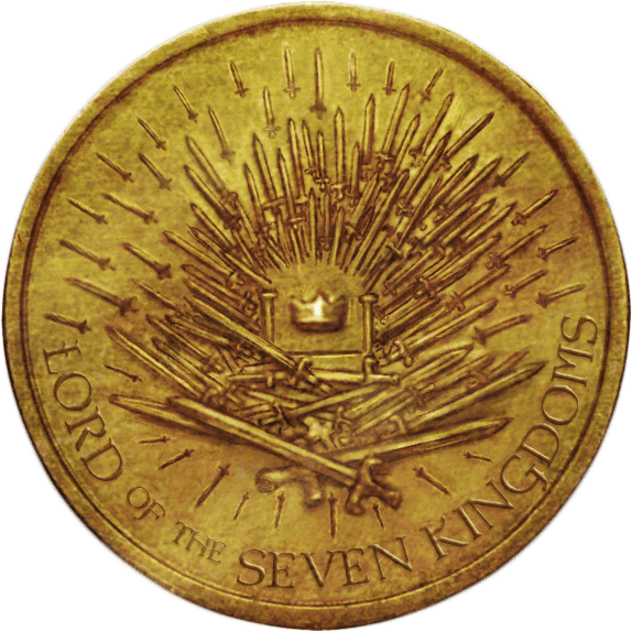 Side of coin showing the Iron Throne made of swords and the text "Lord of the Seven Kingdoms"