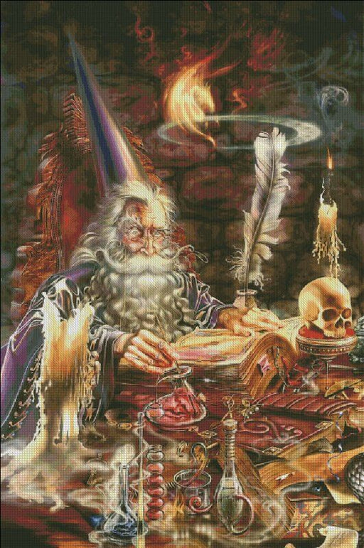 Myles Pinkney's art features a wizard at his desk. The sorcerer writes in a tome as he conducts his magic and science experiments. The alchemist table is cluttered with potions and candles, skulls and feather quills! Cross stitch mockup