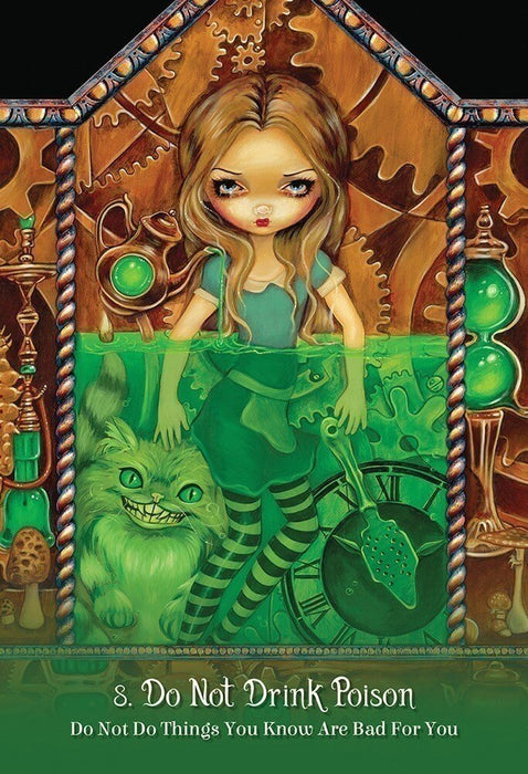 Card exmaple: "8. Do Not Drink Poison - Do Not Do Things You Know Are Bad For You" showing Alice and the Cheshire Cat in a room filling with green liquid
