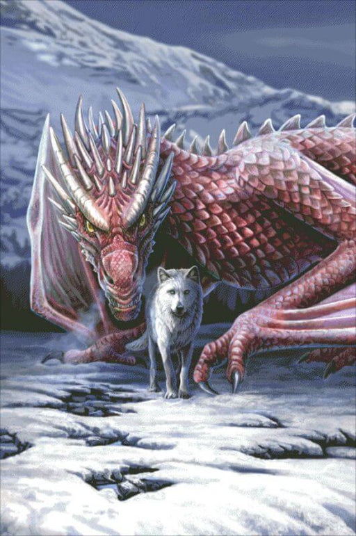 The awesome image on this cross stitch features a wolf and a dragon. The pair gaze out, intense and ready, from a snowy landscape.  By Lisa Parker