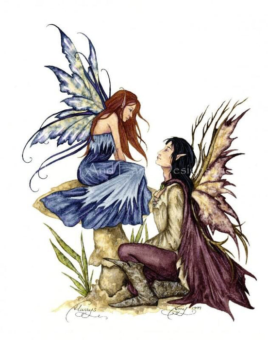 Always Fairies by Amy Brown. Design is two fairies gazing into each other's eyes. Fairy lady wears a blue dress and has red-brown hair and blue and yellow wings. She sits on a mushroom. Kneeling in front of her is a black haired fairy prince with a maroon cape.