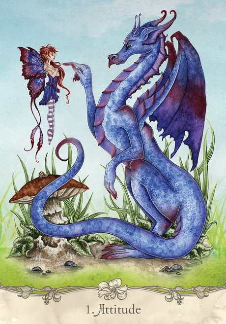 Card example "1. Attitude" with blue-purple dragon and a matching redhaired indigo fairy