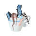 Fairy with blue wings and striped stockings taking a nap in a coffee cup